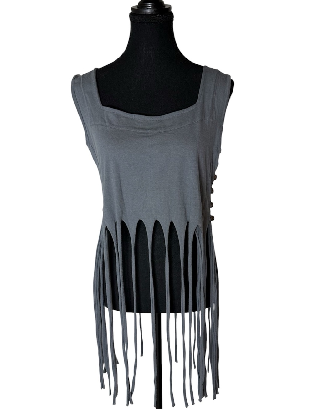 ELFARROW Grey Sleeveless Long Fringe Crop Top Side Button Detail Size Small